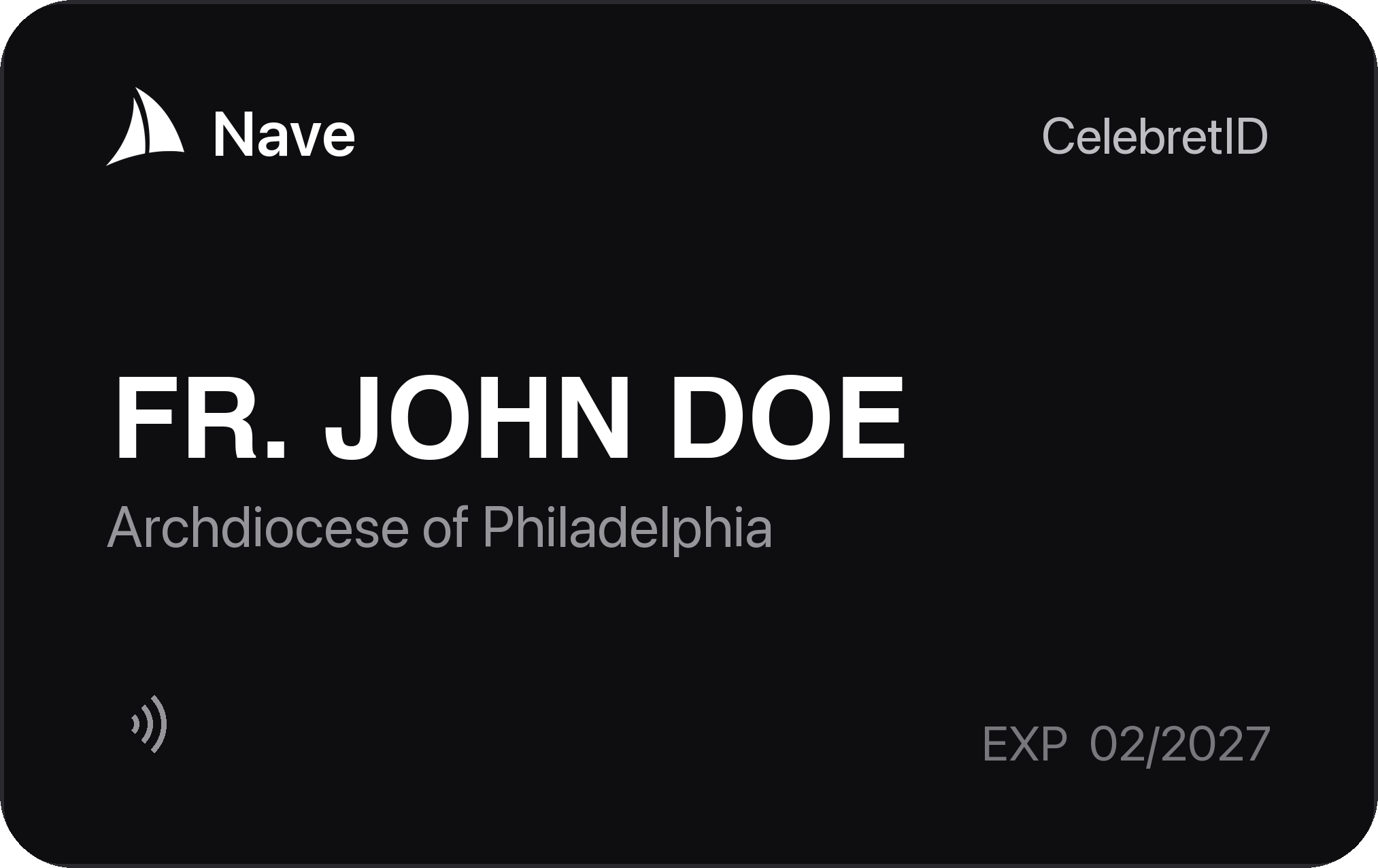 CelebretID physical tap card — Fr. John Doe, Archdiocese of Philadelphia, exp 02/2027