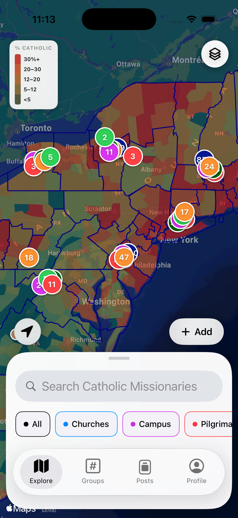 % Catholic heatmap — northeast