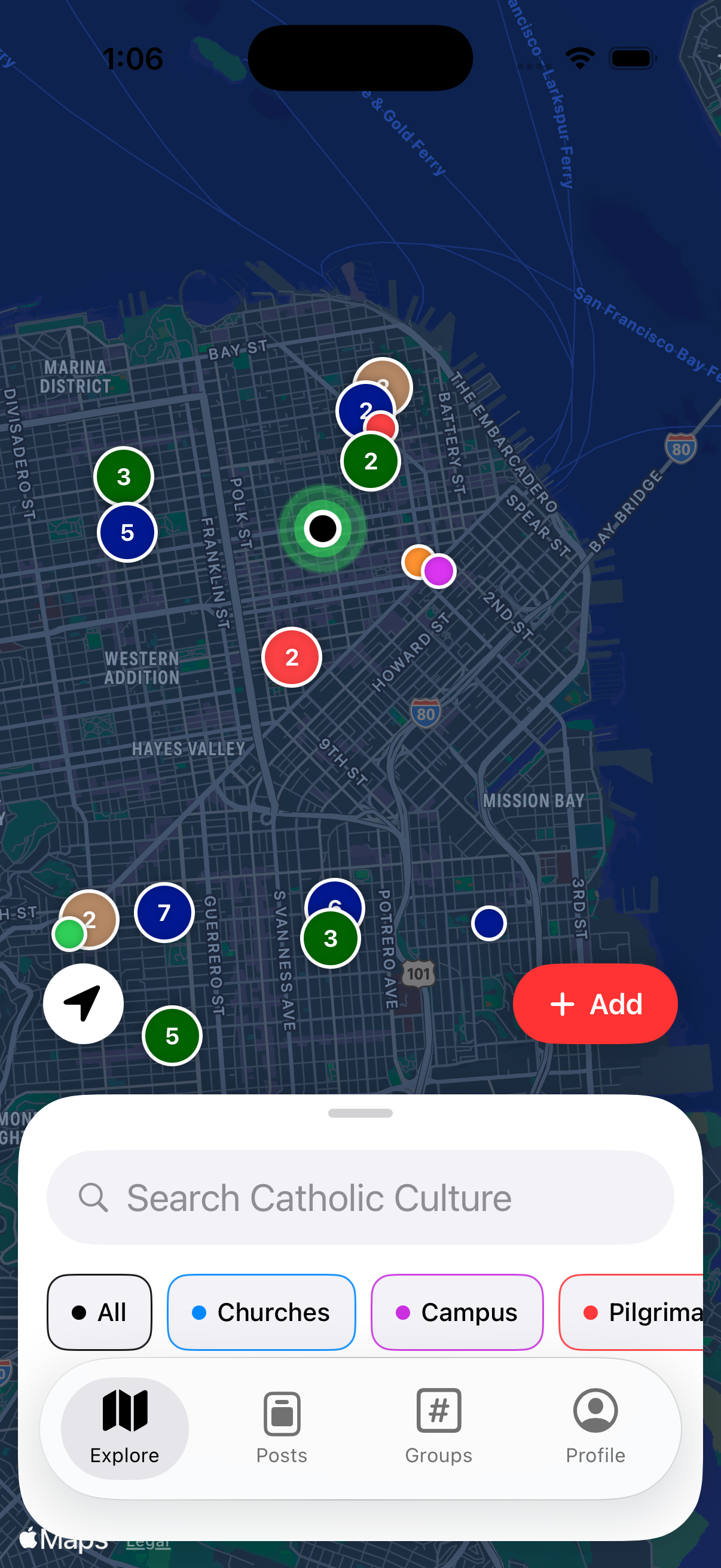 Nave Explore tab — the map of the eight keys over San Francisco
